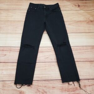 M.P‎ Studios Jeans Womens 29 Black Distressed Knee Raw Hem Straight Leg Ladies